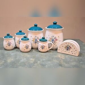 Victorian Bouquet Ceramic Canister Set with Teal Lids